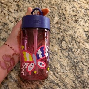 Thermos Pink Bottle with Purple Lid and Colorful Butterfly